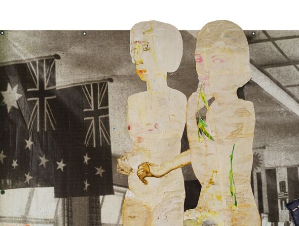 צילום: רותי הלביץ כהן, במבי (אילה ויעל), 2024, מגזרות נייר מצוירות בטכניקה מעורבת על תצלום מודפס על באנר (פרט). צילום טל בדרק